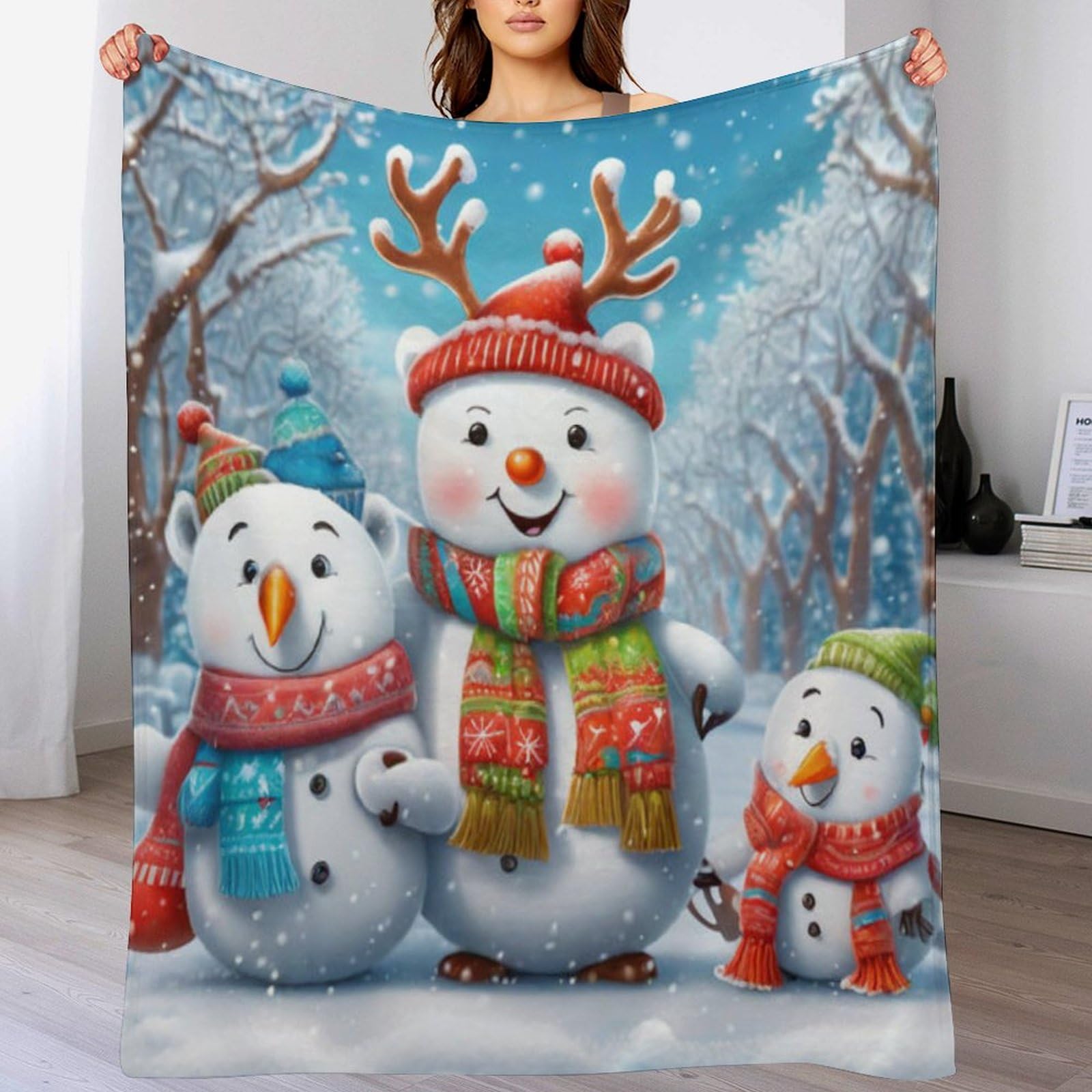 Manta de franela con muñeco de nieve y forro polar para sofá cama 140x180 cm