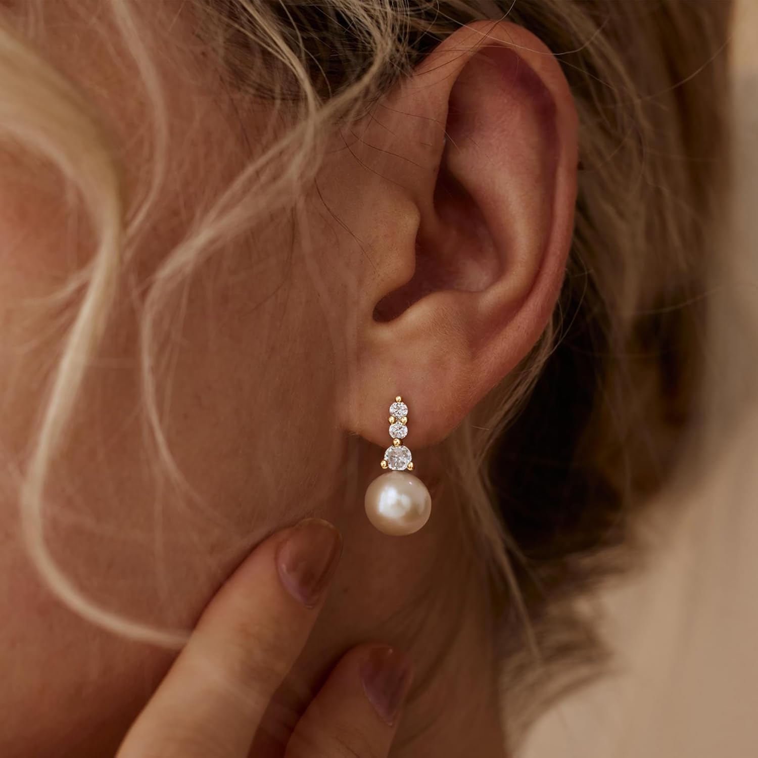 Pearl Earrings for Women, 14k Gold Plated CZ Formal Pearl Stud Earring Hypoallergenic Gold Earrings for Women Trendy Dainty Bridal Pearls Drop Earrings Fashion Wedding Jewelry - Image 3