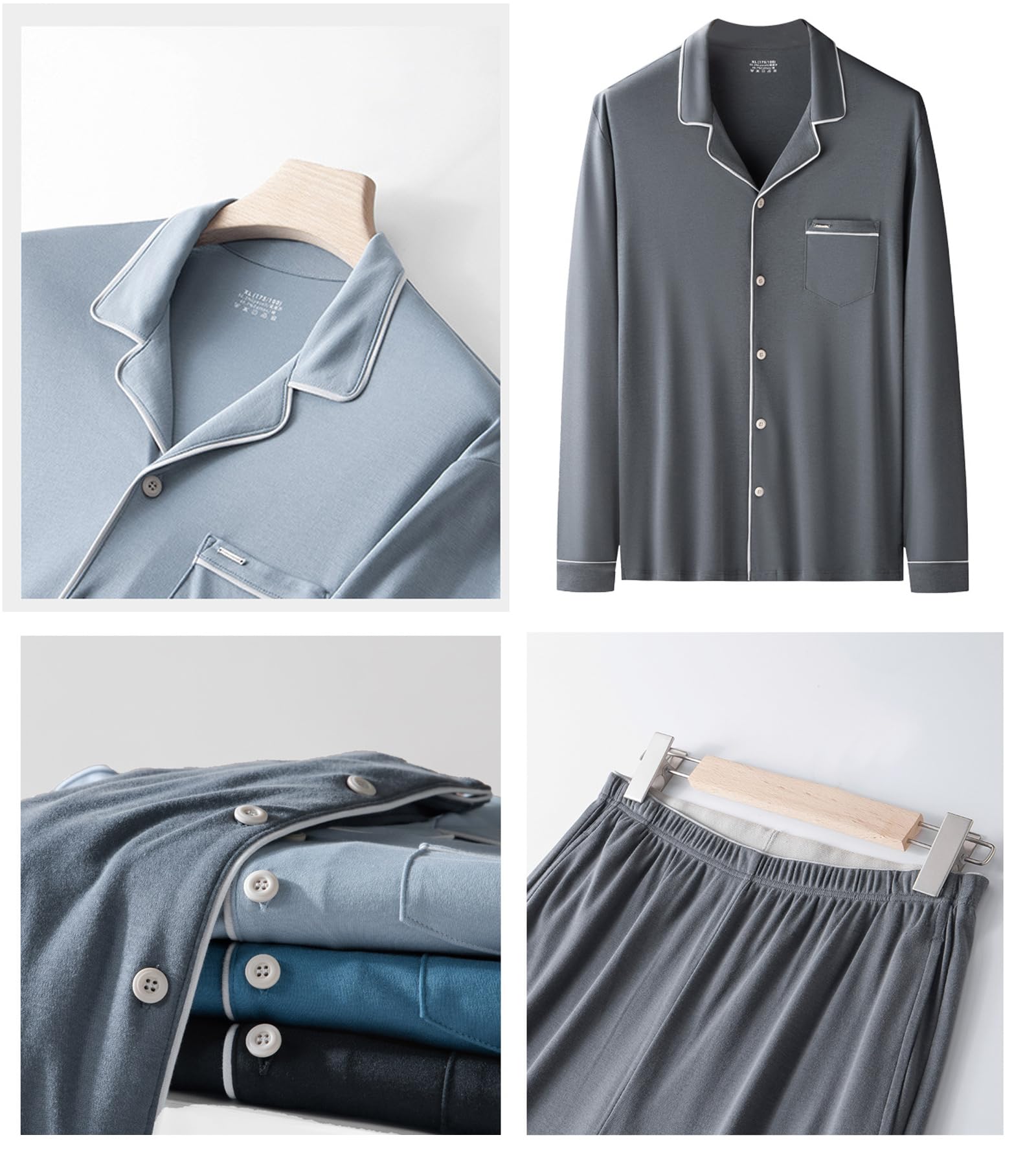 Set di Pigiami in Cotone da Uomo, Casual a Maniche Lunghe Pigiameria Superiore e Inferiore Pjs Set Loungewear con Tasche