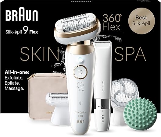 Braun Silk-épil 9 Flex SkinSpa All-in-One Set, Women's Epilator / Hair Remover for Long-Lasting Hair Removal, Ladyshaver, Mini Razor for the Body, 9-481 3D, White/Gold