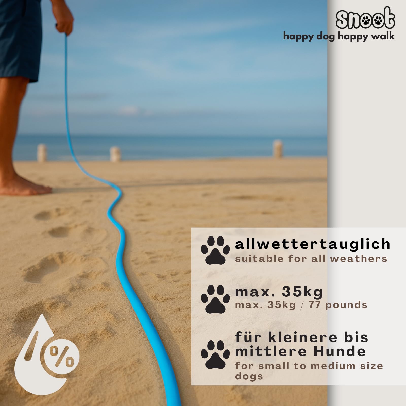 Guinzaglio da traino per cani, impermeabile, senza passante, 15 m, per allenamento a ruota libera, sicuro, blu ciano, fino a 35 kg