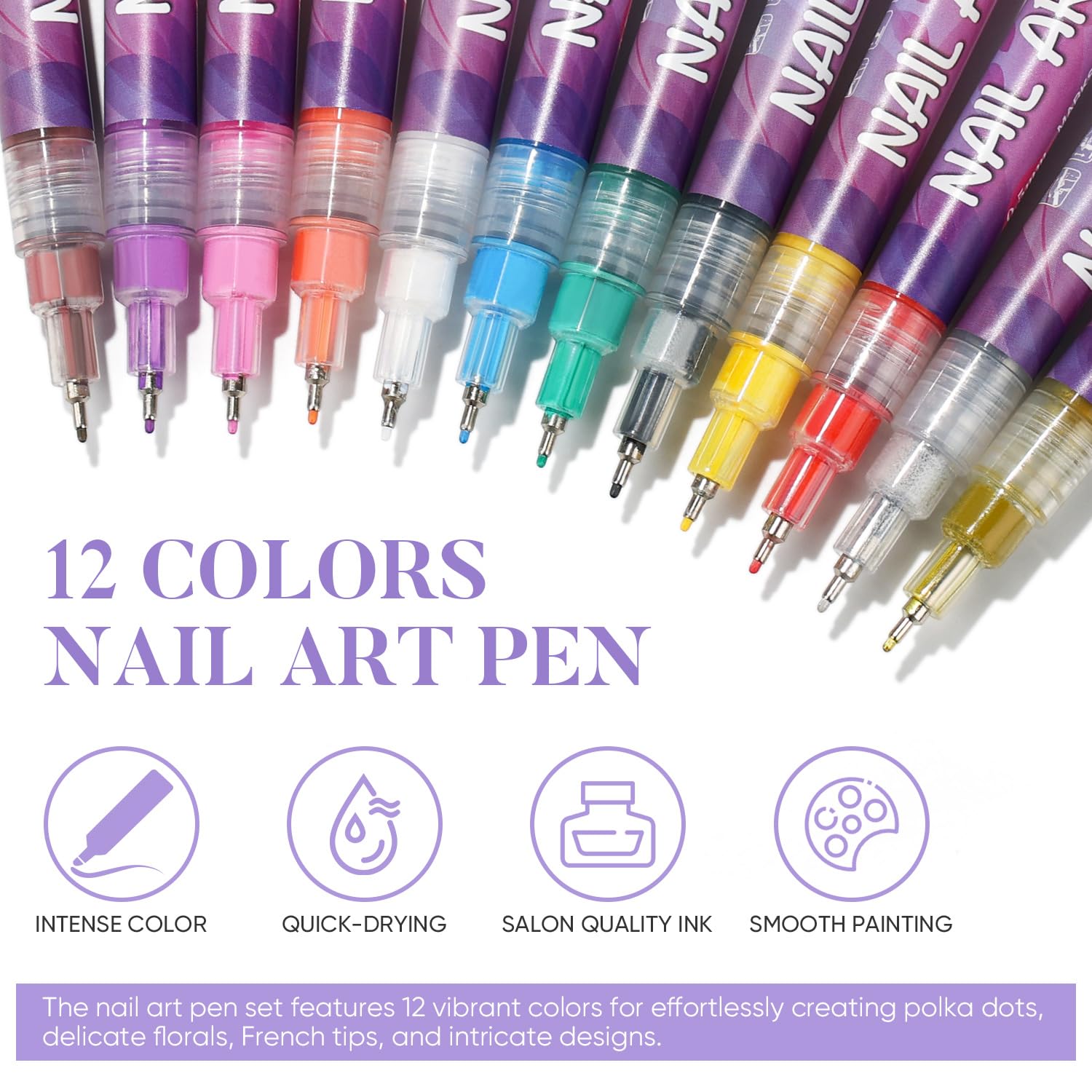AIMEILI 12 Colors Nail Art Pens Set, 0.5mm Fine Tip Acrylic Paint Pens for Salon & Home DIY Nail Design, Dotting Drawing Liner Brush for Manicure, Nail Polish Art Decoration Kit 2