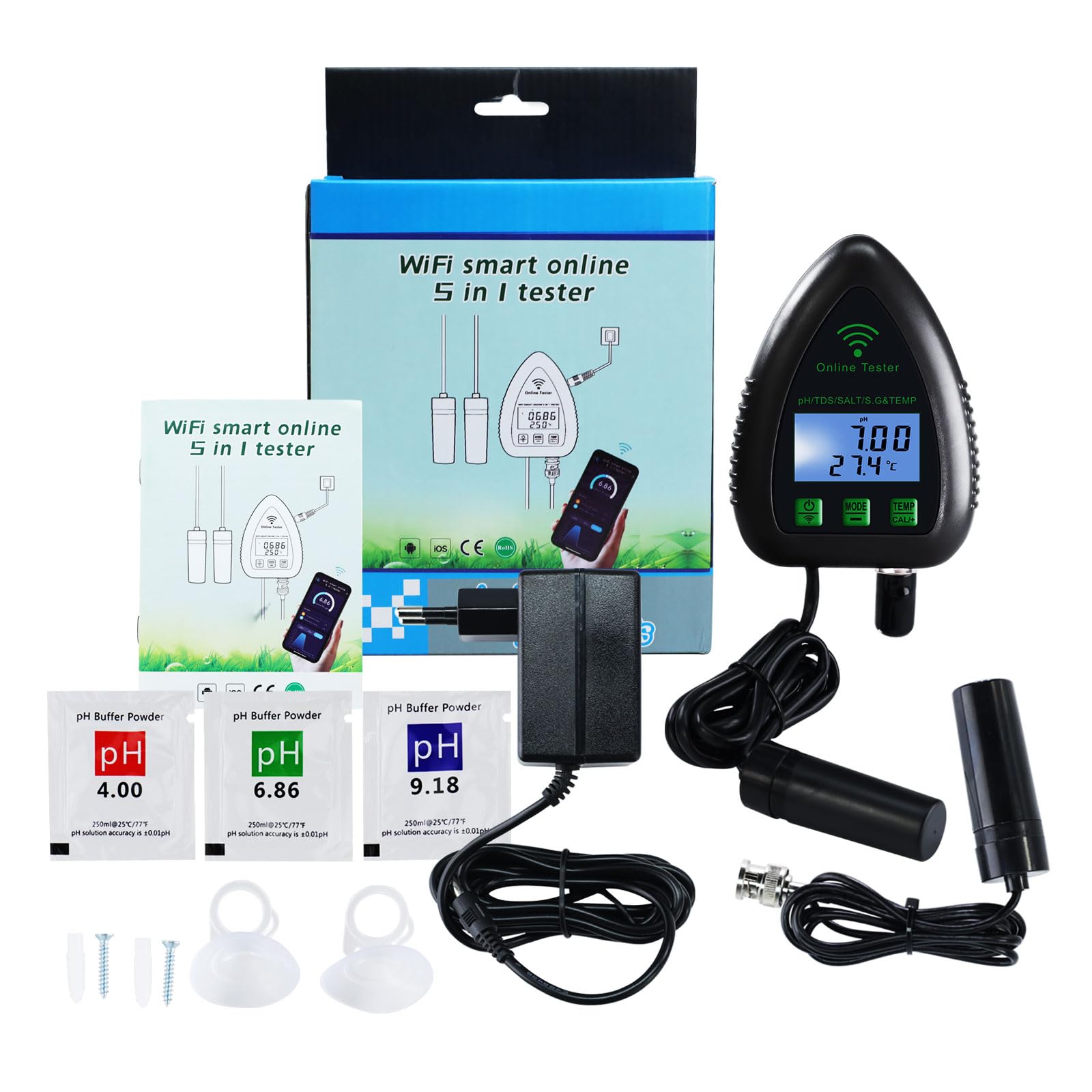 5 en 1 pH TDS SG probador de salinidad de temperatura Tester Datalogger probador de calidad del agua para acuarios acuicultura, estanques etc. Monitoreo remoto inteligente