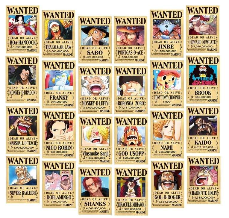 Gujey 24 Piezas One Piece Wanted Póster, Anime Póster One Piece Poster, Póster Wanted, Póster de Papel Kraft, Anime Wanted,Wanted Poster Anime, Pared Estética Decoración de Fotos