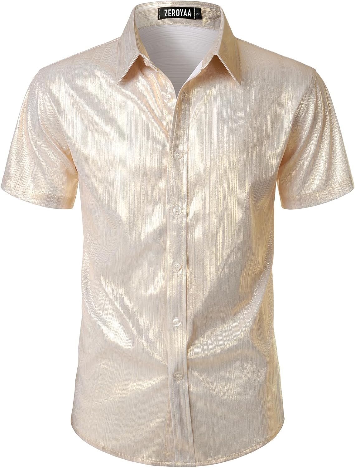 ZEROYAA Men 70s Shiny Short Sleeve Button Down Shirt Fashion Sparkle Disco Dress Shirts