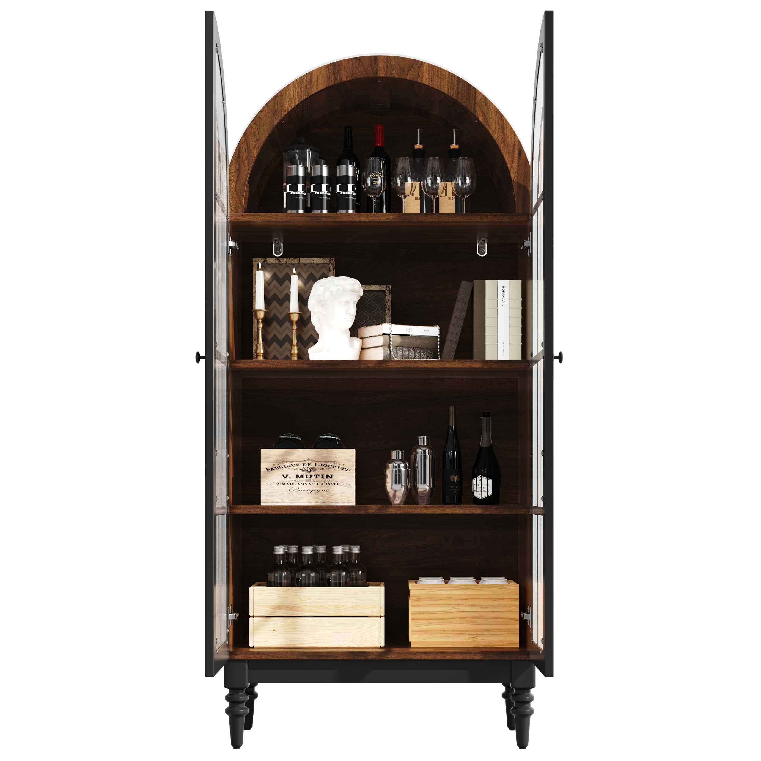 Armadietto ad arco alto autoportante per cucina e soggiorno, vetrina con ante in vetro, venature del legno, nero