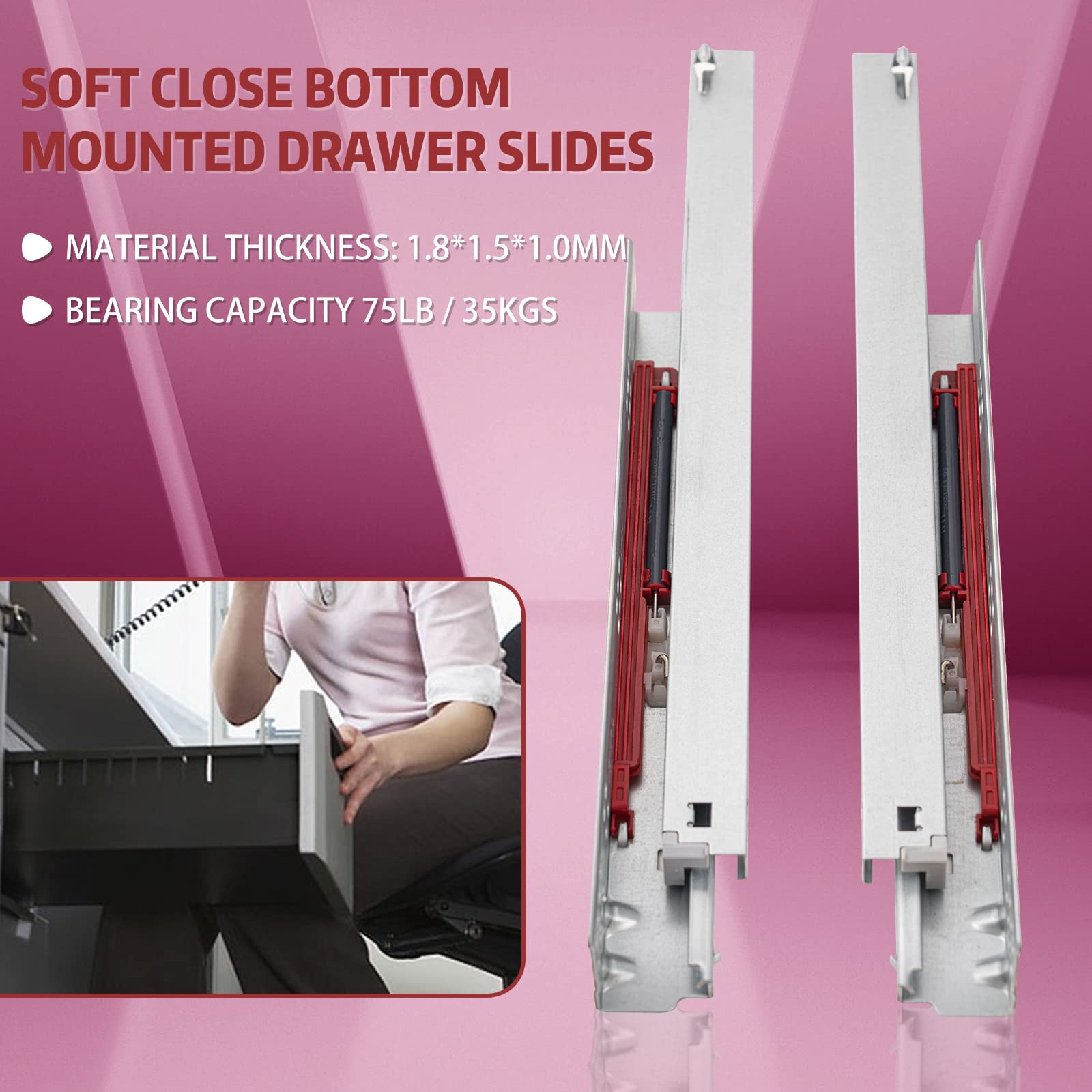 BHTOP 6 Pairs 22 inch Soft Close Bottom Mount Drawer Slides, 75 lb Load Capacity Full Extension