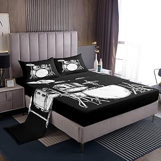 Drum Kit Fitted Sheet Drum Bed Sheet Set for Boys Girls Children Rock Music Themed Bedding Set Rock Music Themed Bed Cover Black White Instruments Print Room Decor Bedding Sheet Twin Size 3Pcs