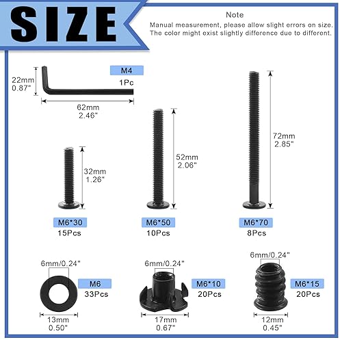 Miniatura 2 de Glarks 107 tornillos hexagonales negros M6 x 30502.756 in e insertos roscados M6 Kit surtido de tuercas en T con arandelas planas y llave hexagonal