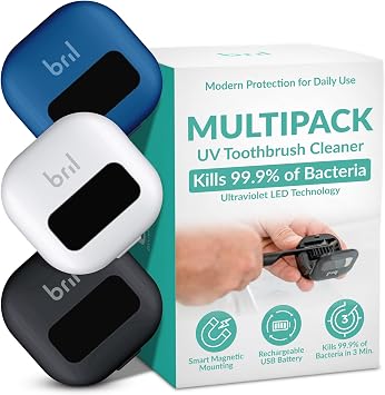 Bril UV-C Toothbrush Sanitizer and Holder Wall Mounted, Rechargeable, 30-Day Battery, Magnetic Mount, Fits Electric and Manual Brushes, Portable Travel Case, Auto-Shutoff Multipack
