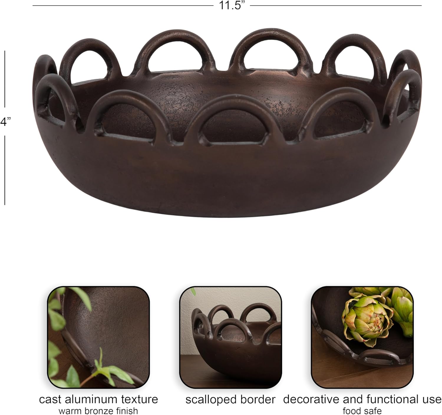 Kate and Laurel Lusila Vintage Metal Food-Safe Bowl, 12 Inch Diameter, Bronze, Classic Scalloped Loop Bowl for Use as Serving Bowl or Decorative Fruit Bowl