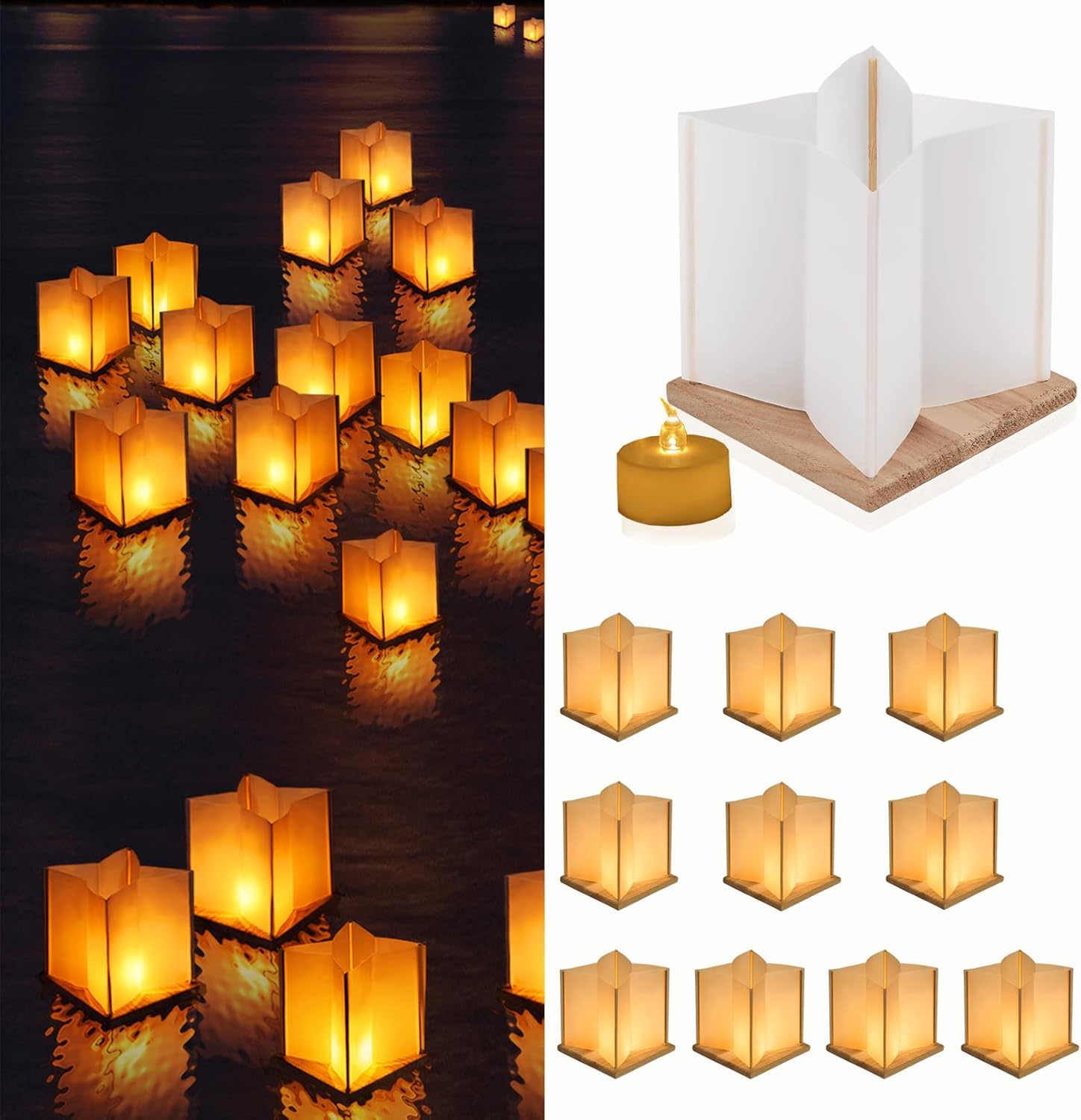10 Pack 6" Star Shaped Floating Lanterns with Waterproof Wooden Base Sets, Paper Water Lanterns Decoration with LED Tealight Candle (10Sets Lanterns+Flameless LED Candles)