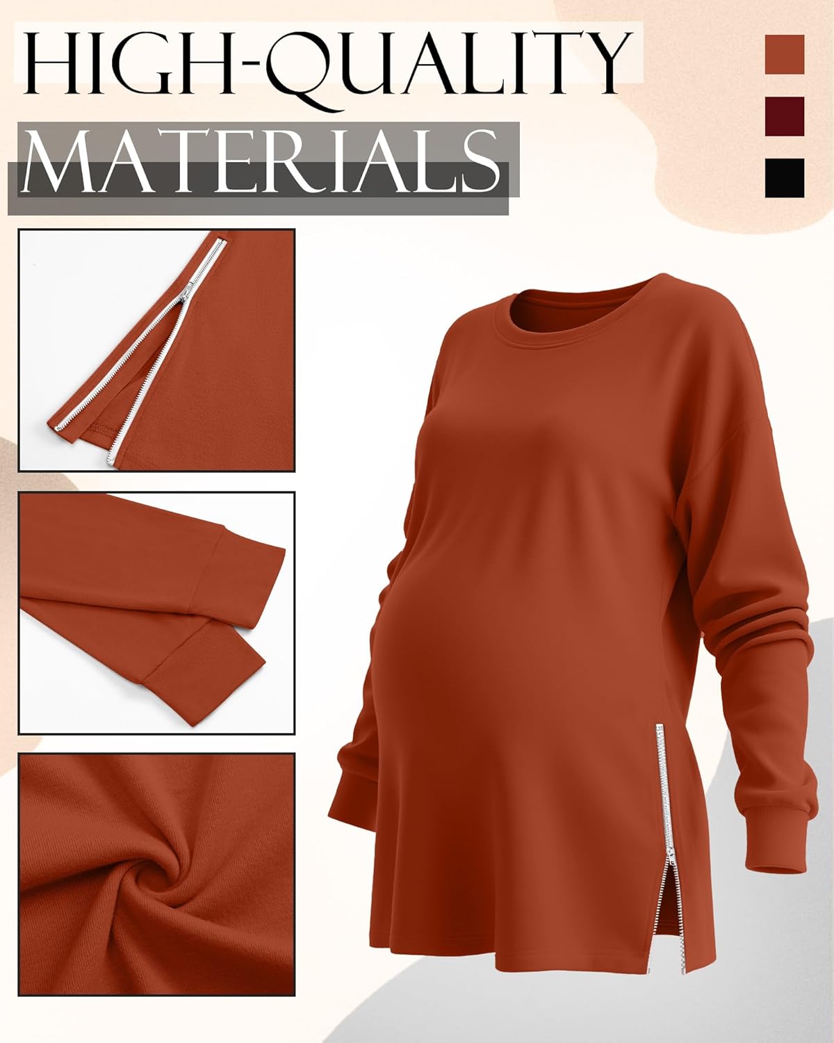 3 Pack Women's Maternity Shirts Long Sleeve T-Shirts Cotton Zipper Split Side Tops Casual Loose Pregnancy Clothes - Image 5