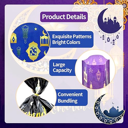 Miniatura 3 de 160 bolsas de dulces de celofán de Ramadán Kareem de 4 estilos con lazos giratorios, diseños de linterna islámica y luna, bolsas transparentes para