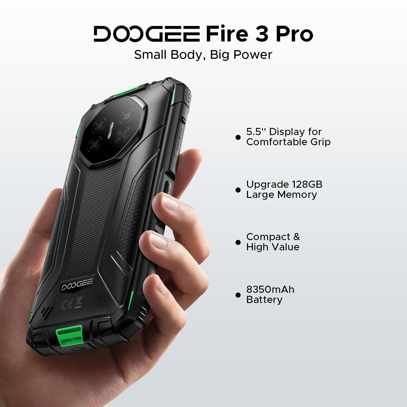 DOOGEE Fire 3 Pro Android 15 Rugged Phone,16GB+128GB/2TB Octa-Core Rugged Smartphone,8350mAh/18W,5.5" HD+ IPS Gaming Phones,16MP Camera,IP68/IP69K Waterproof Phone,Widevine L1/NFC/Face ID/GPS