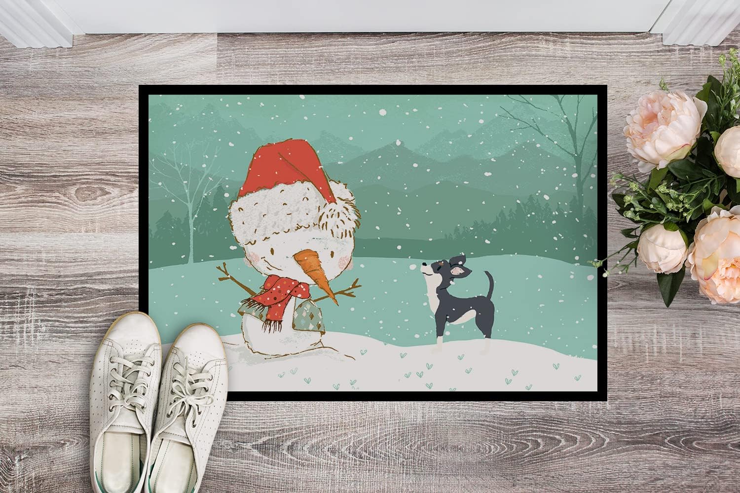 Caroline's Treasures CK2080JMAT Black Chihuahua Snowman Christmas Doormat 24x36 Front Door Mat Indoor Outdoor Rugs for Entryway, Non Slip Washable Low Pile, 24H X 36W