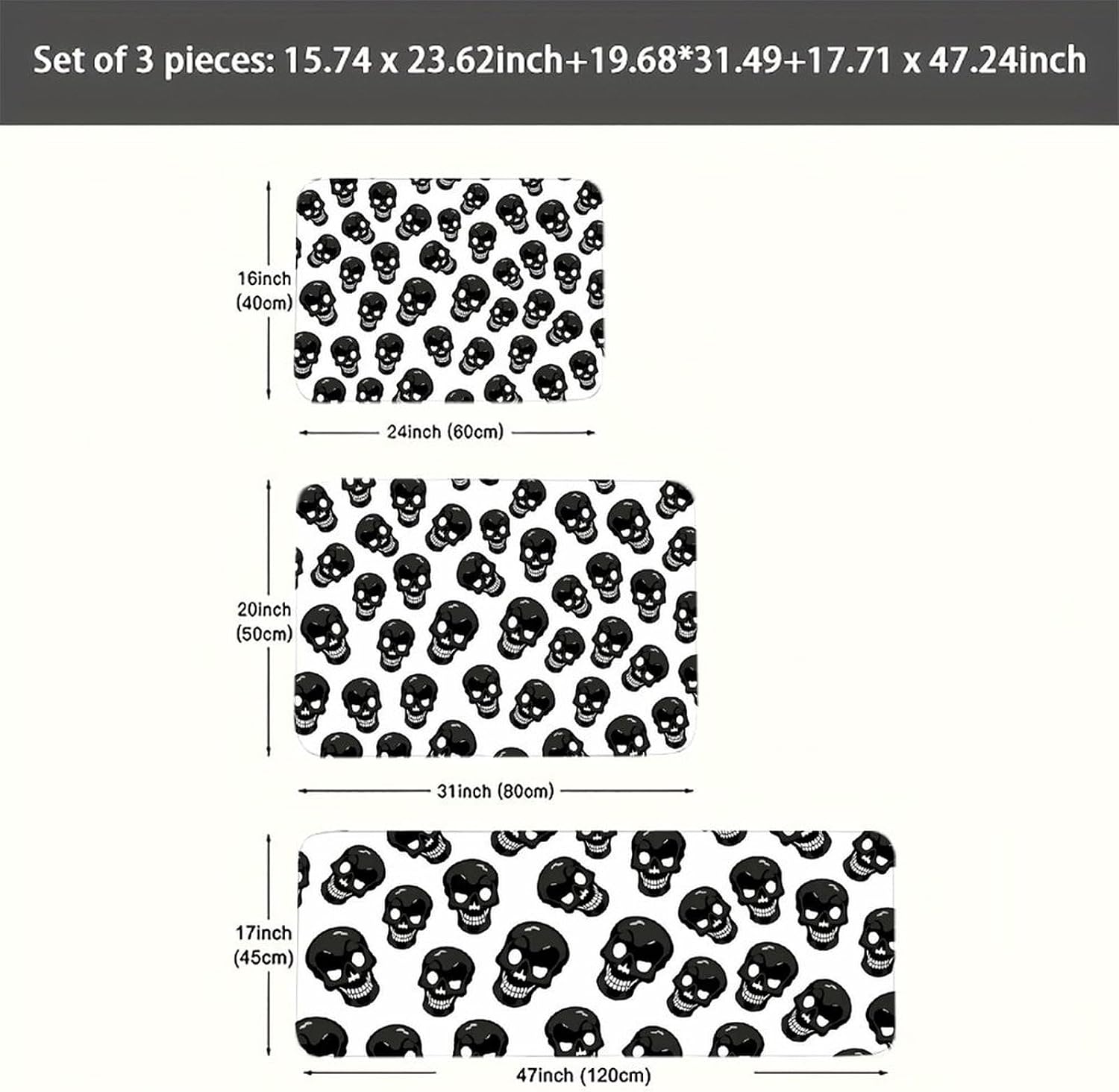 Skull Kitchen Mats for Floor 3 Pcs Kitchen Rugs