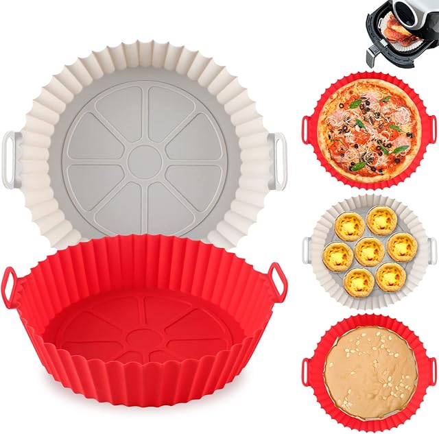 Silicone Air Fryer Liners Reusable Air Fryer Silicone Basket Pot 8 inch Airfryer Silicone Liners Baking Tray Air Fryer Accessories Mats Non-Stick Heat Resistant for Baking Roasting Oven (Red + Gray)