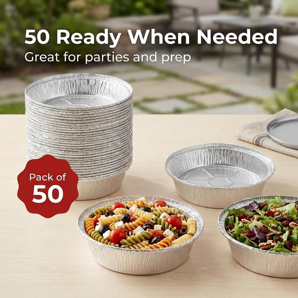 Mr Miracle 9-Inch Round Disposable Aluminum Foil Pans (50 Pack) – Heavy Duty Circular Foil Tins for Baking, Roasting, Meal Prep, Freezer & Oven Safe, Perfect for Catering, BBQ & Parties