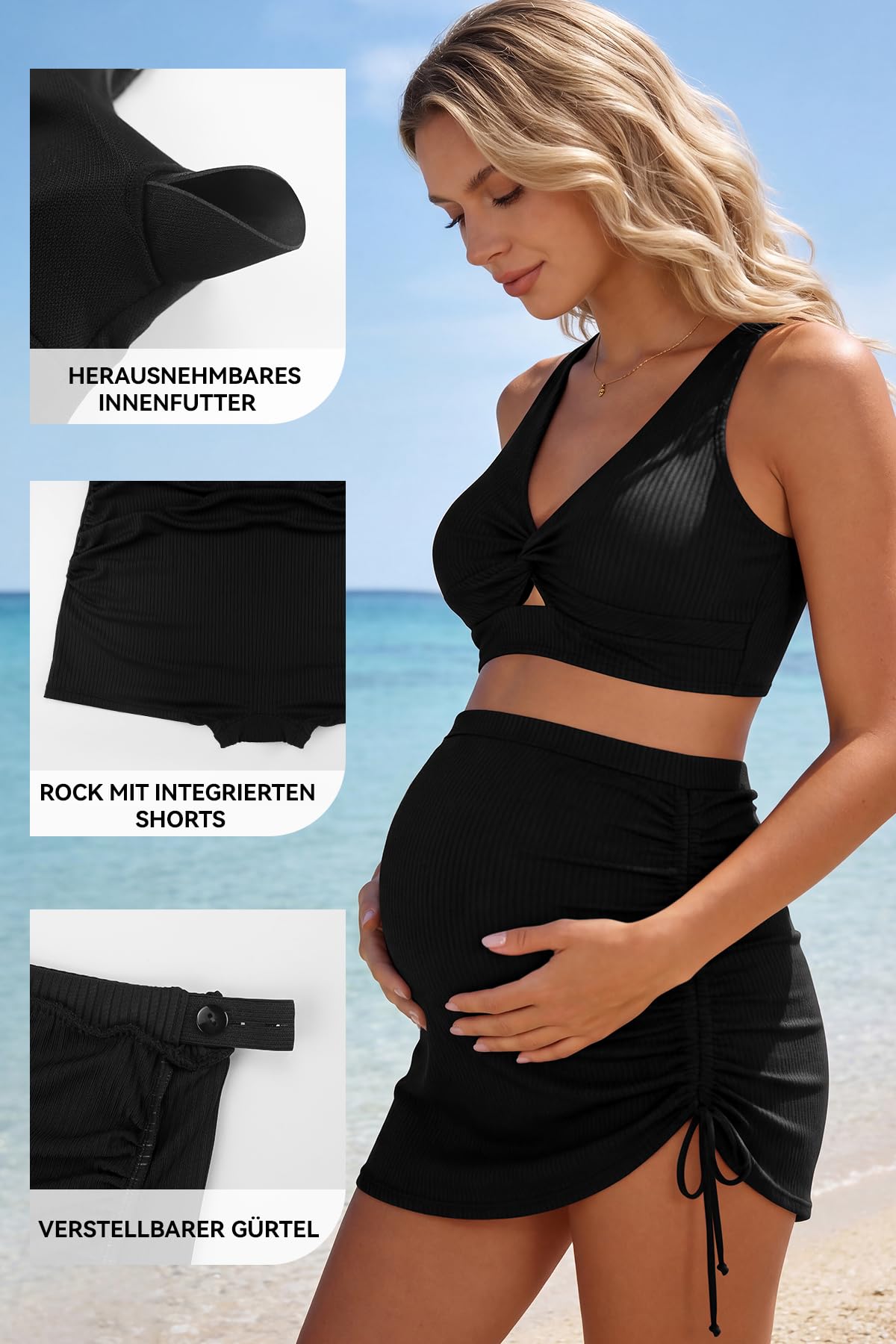 SHEKINI Damen Umstandsbadeanzug Zweiteiliges Set mit gerafftem Oberteil und Badeshorts