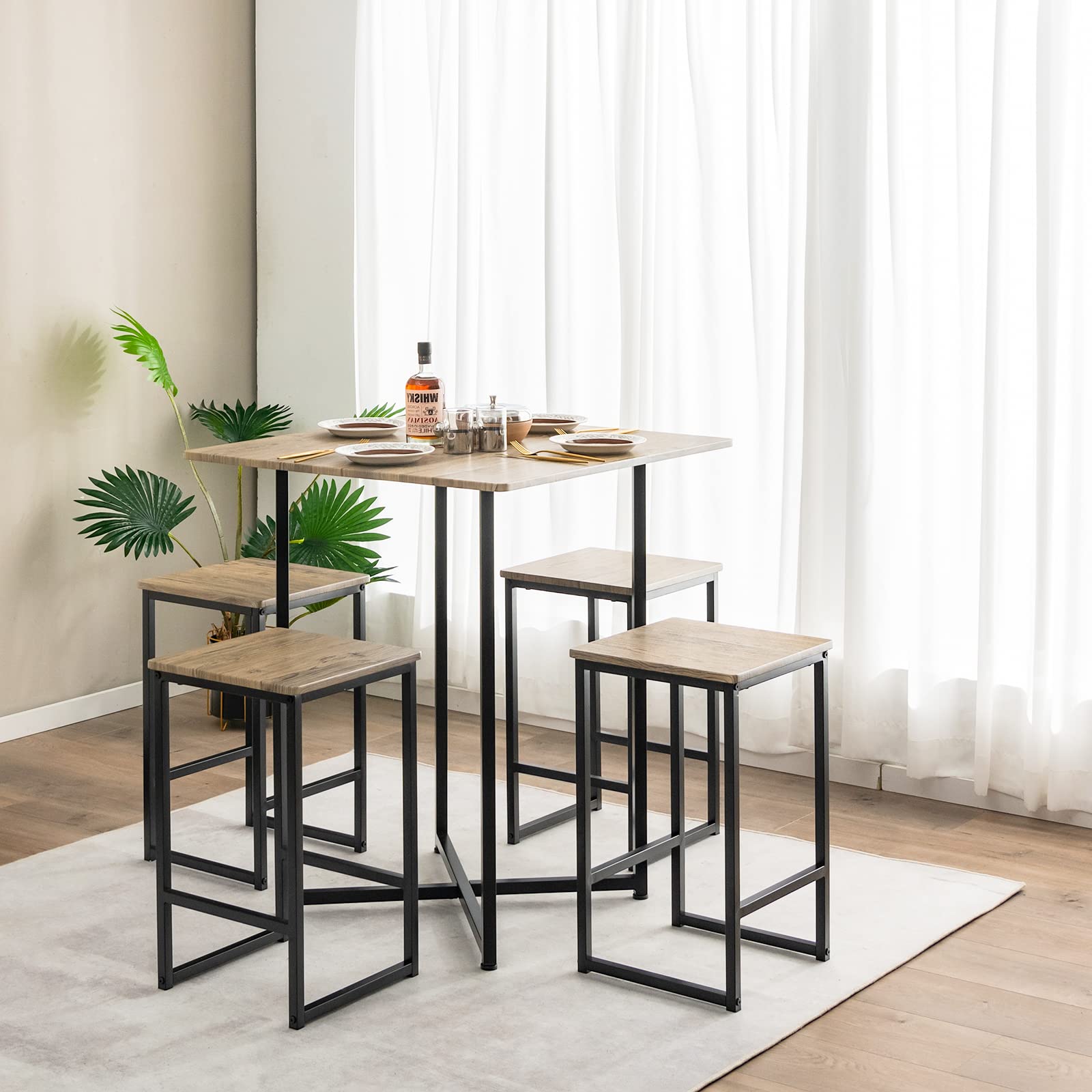 HOMASIS Mesa de bar con taburetes, juego de bar para casa, mesa alta, juego de muebles de bar para 4 personas, decoración industrial y ahorra espacio, mesas de bar, mesa de madera con sillas de