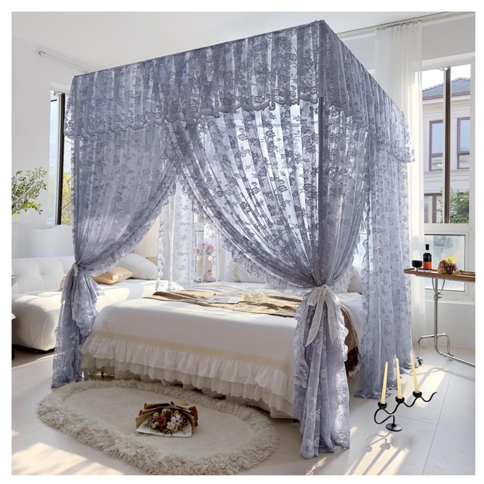 Vnook Blue 4 Corners Post Princess Canopy Bed Curtains Mosquito Net Bed Drapes