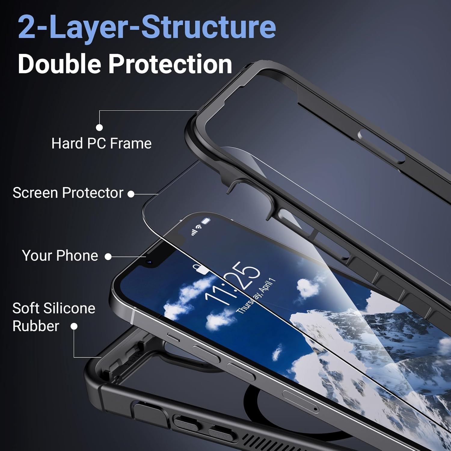 Magnetic for iPhone 13/14/15 Case with Screen Protector, [Compatible with MagSafe][Military Grade Drop Protection][Heavy Duty Protection][Shockproof] 2-Layer Durable Bumper Phone Case 6.1''-Black - Image 4
