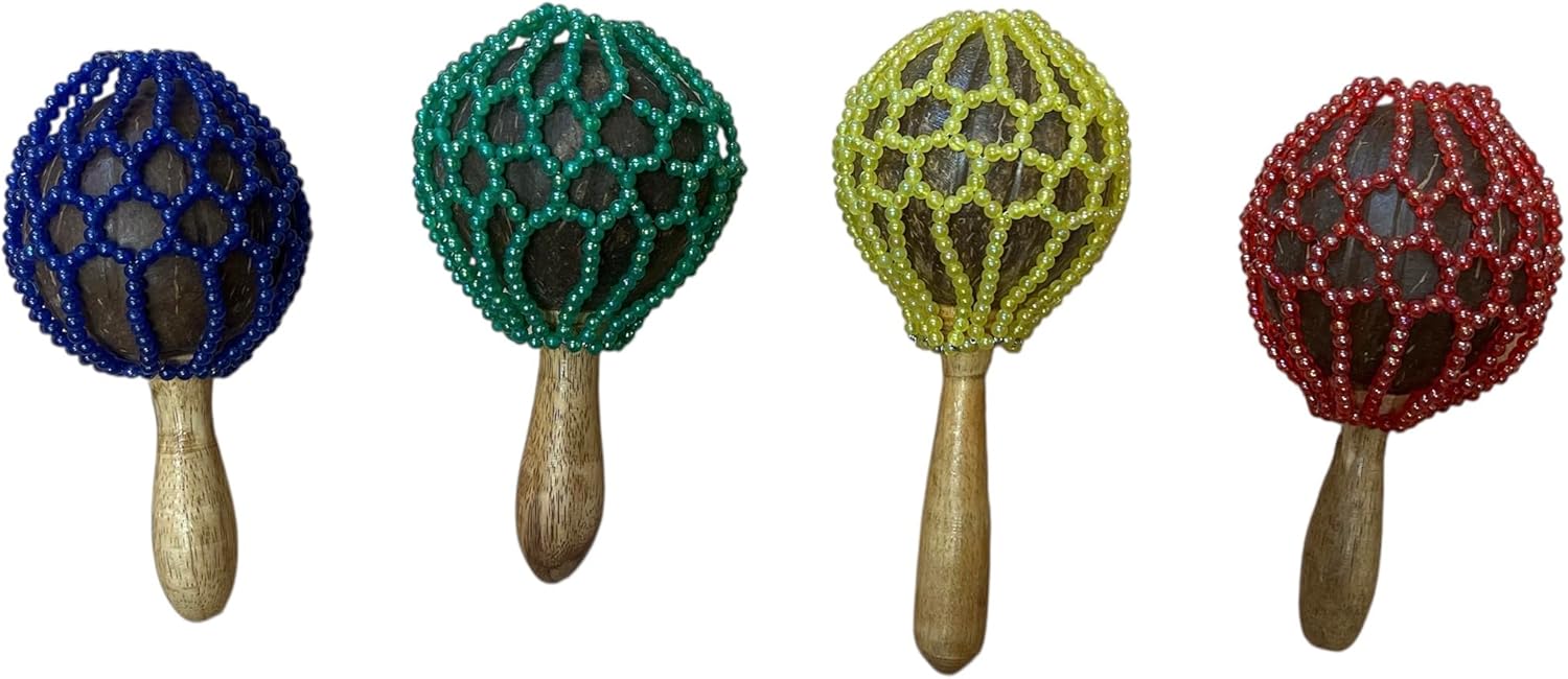 Terre Shekere Ball - Handcrafted 9 inches in Length and 4 inches in Head Coconut Instrument with Colorful Glass Beads for Vibrant Sound