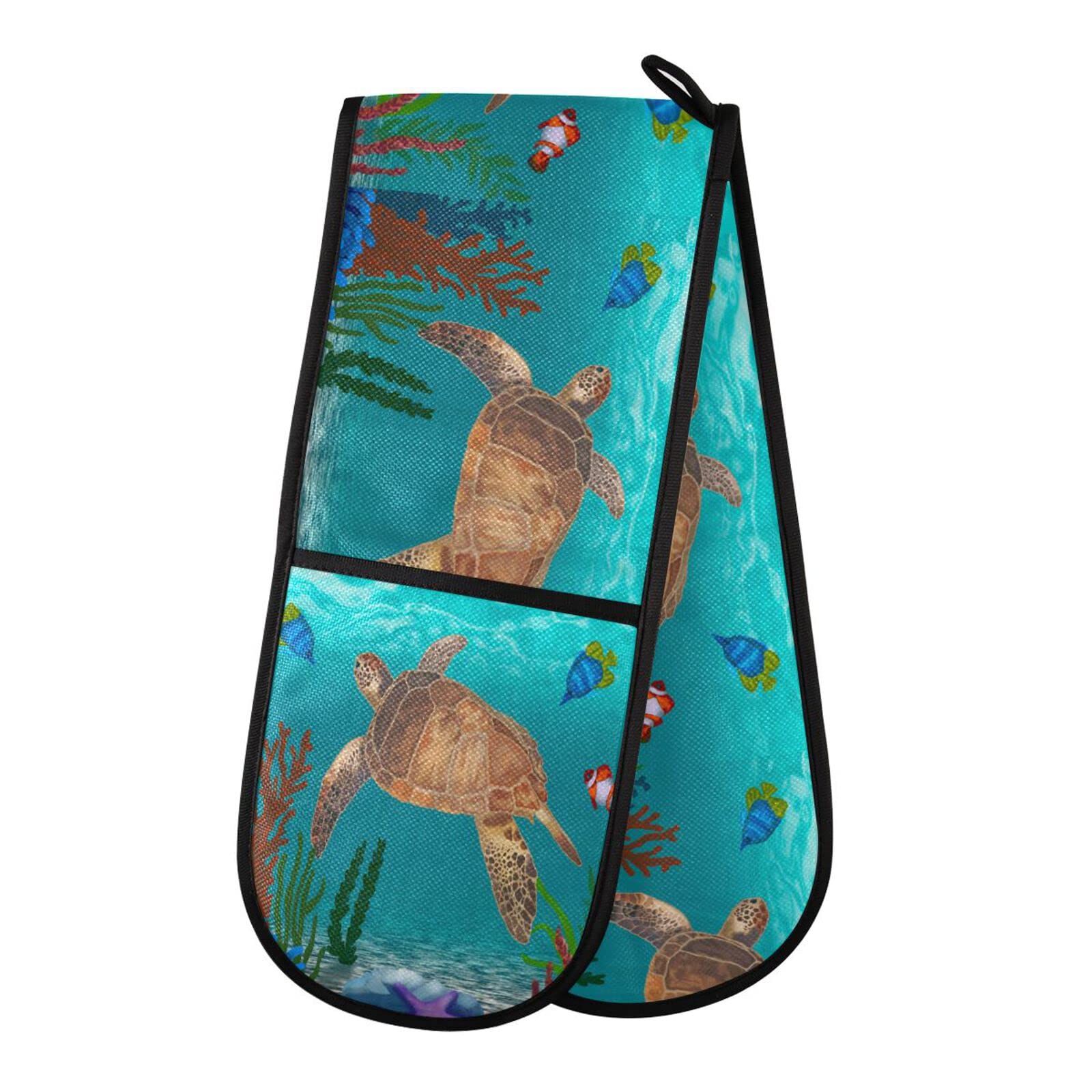 Youjuner Colour 77 Double Oven Glove Sea Animal Turtle Heat Resistant Double Ovens Mitt Modern Cooking Gloves Potholders