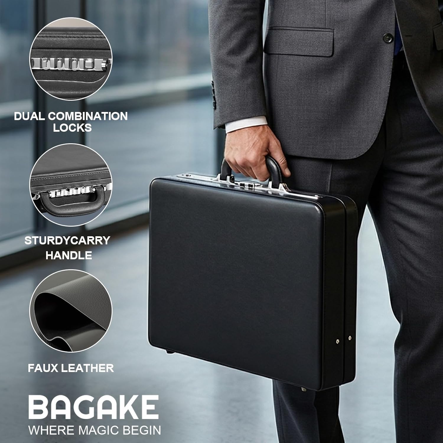 Briefcases For Men - Anti-Theft Longwave Lock，16 Inch Laptop Compartment, Waterproof Faux Leather, Brief Cases with Multi File Organizer, Office&Travel ，Gift For Man (Black)
