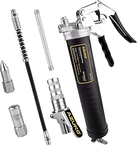 AZUNO Pistol Grip Grease Gun, 6500 PSI Heavy Duty Grease Guns with Flex Hose, Metal Extension, Professional Coupler and Sharp Nozzle