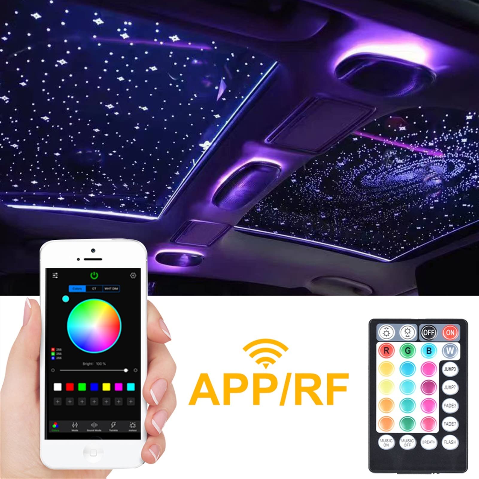 1. 2w RGBW. Bluetooth-App/Remote Sprachsteuerung LED Lichtquellenmotor mit END-Glühkabel-Lichtfaserbeleuchtung, Flexibel(3M Mixed 300pcs)