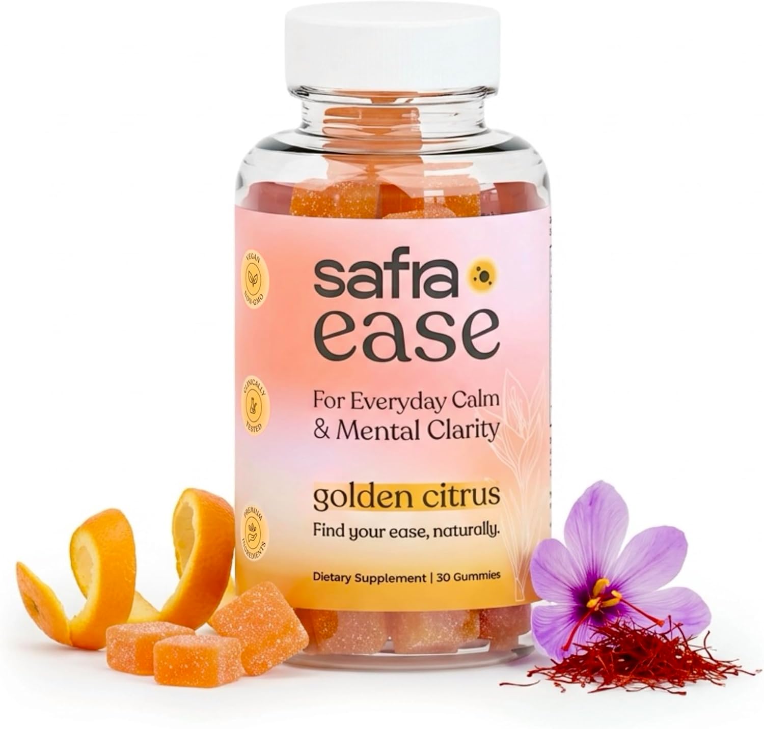 Safra Ease Saffron Gummies – Clinically Studied Affron® Saffron Extract 30mg + L-Theanine 100mg – Mood Support, Calm & Emotional Balance – 30 Count