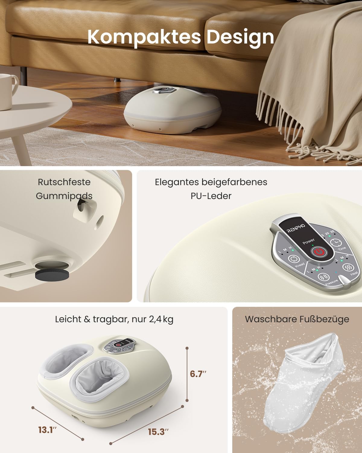 RENPHO Foot Massager Machine with Heat [2026 Upgraded], Fathers Day Dad Gifts for Men Husband, FSA Eligible HSA Shiatsu Foot Massager for Plantar Fasciitis, Cordless Control, Gifts for Women, Beige