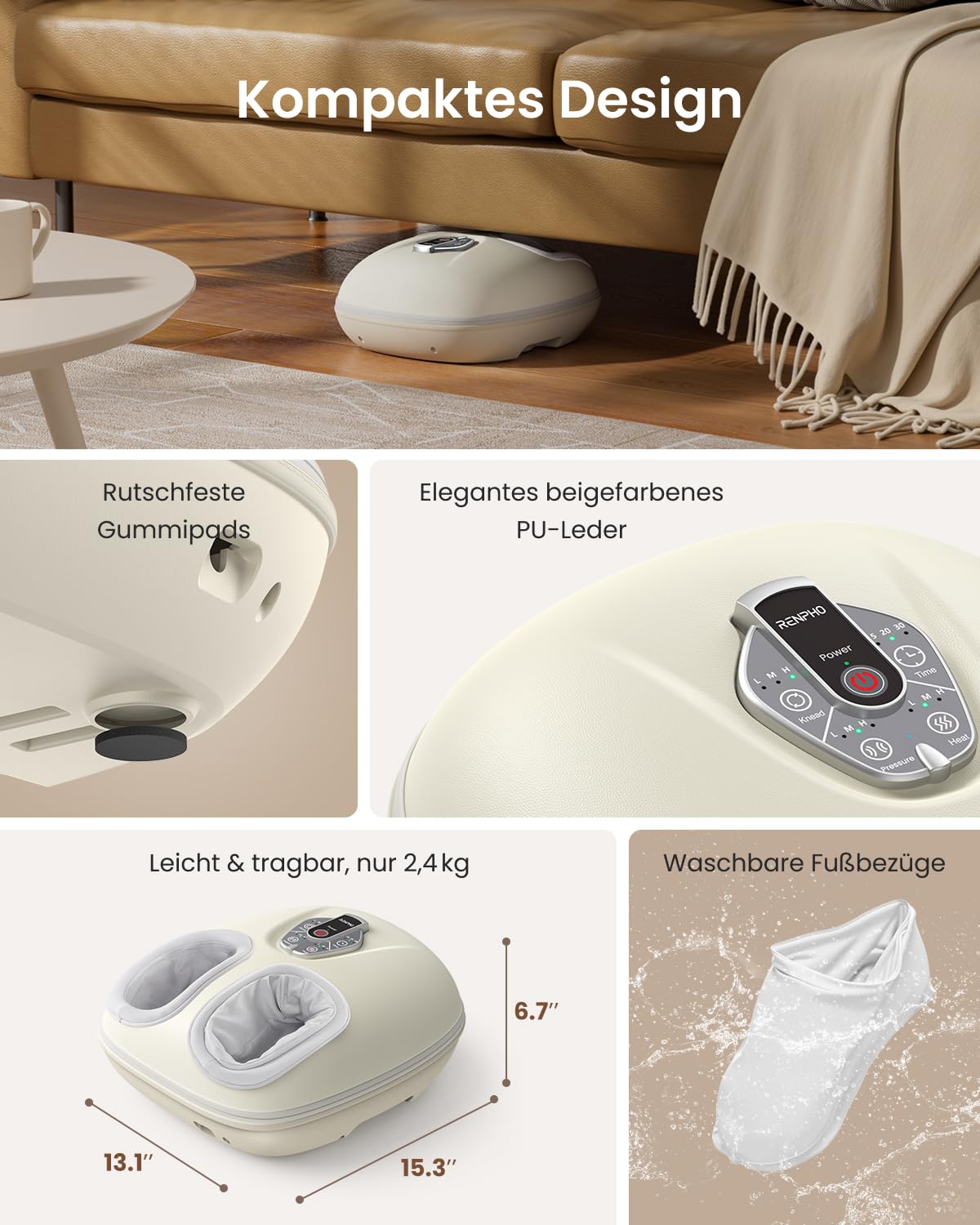 RENPHO Fußmassagegerät mit Wärme, Fussmassagegerät mit Sprachsteuerung | Shiatsu Fussmassagegerät 2026 Neu, Cremeweißes Design für zu Hause oder das Büro, Gutes Geschenk für Frauen, Mama, Freundin