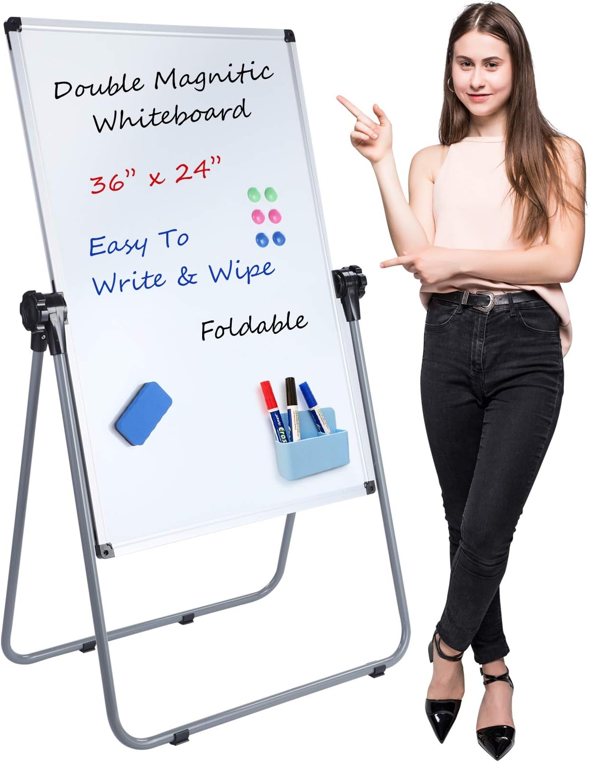 Stand White Board, Double Sided Magnetic Dry Erase Board Height Adjustable Whiteboard with Sturdy Aluminum Frame for Home Office Classroom, 36 x 24 Inch