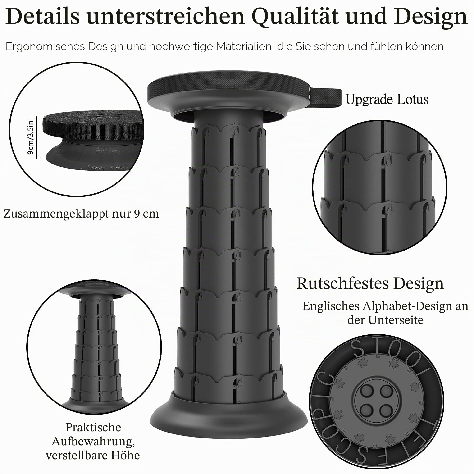 ALEVMOOM Tragbarer Klapphocker mit Kissen,Teleskophocker,Camping Hocker Zusammenklappbarer Hocker,für Draußen- und Drinnen-Aktivitäten, Wandern,Angeln,Tragfähigkeit 440lb mit Tasche Karabiner