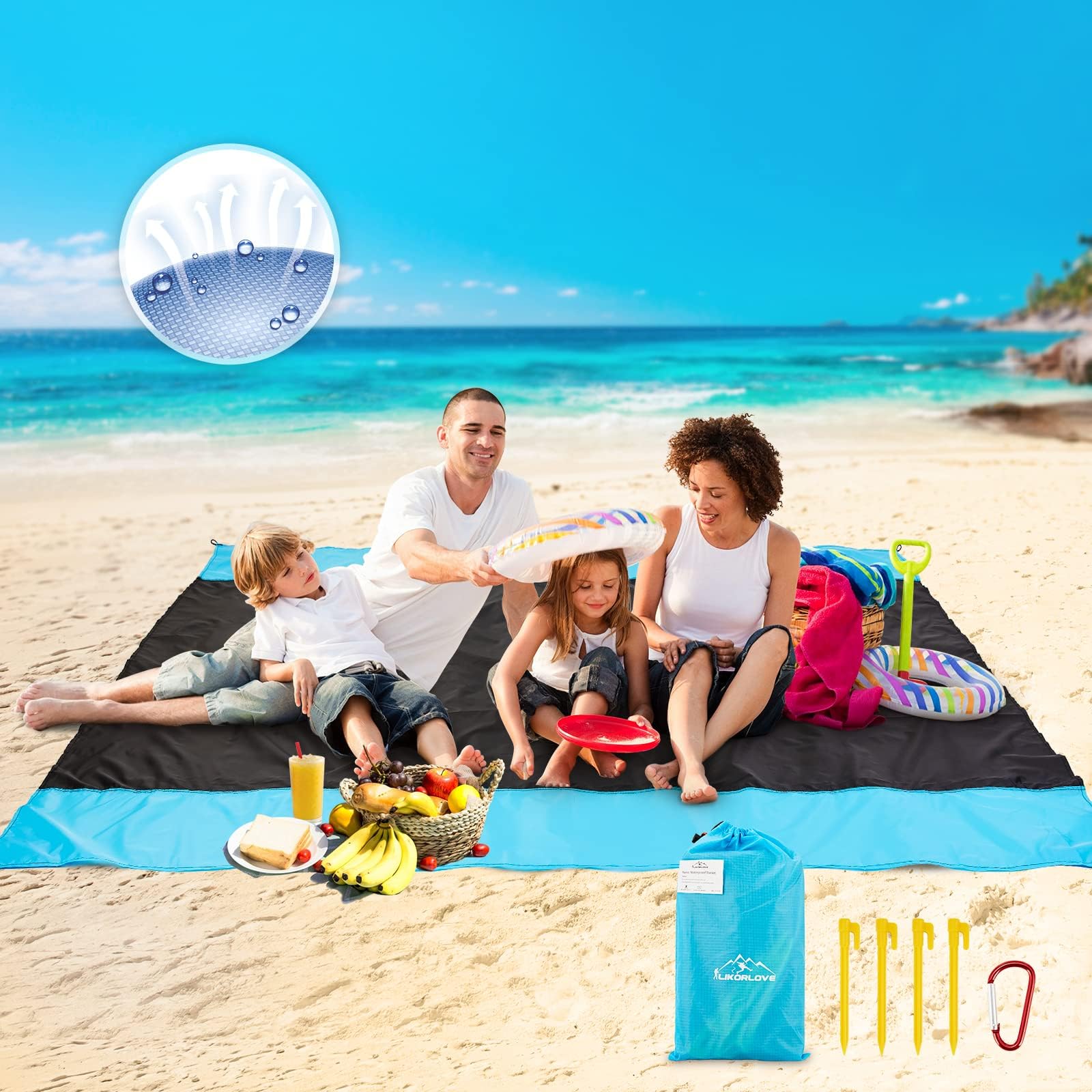 Beach Blanket, 94"×80" Picnic Blankets Waterproof Sandproof 5-7 Adults Oversized Lightweight Portable Sand Free Quick Dry Mat for Travel Camping Hiking Compact Bag 4 Stakes+ 4 Corner Pockets