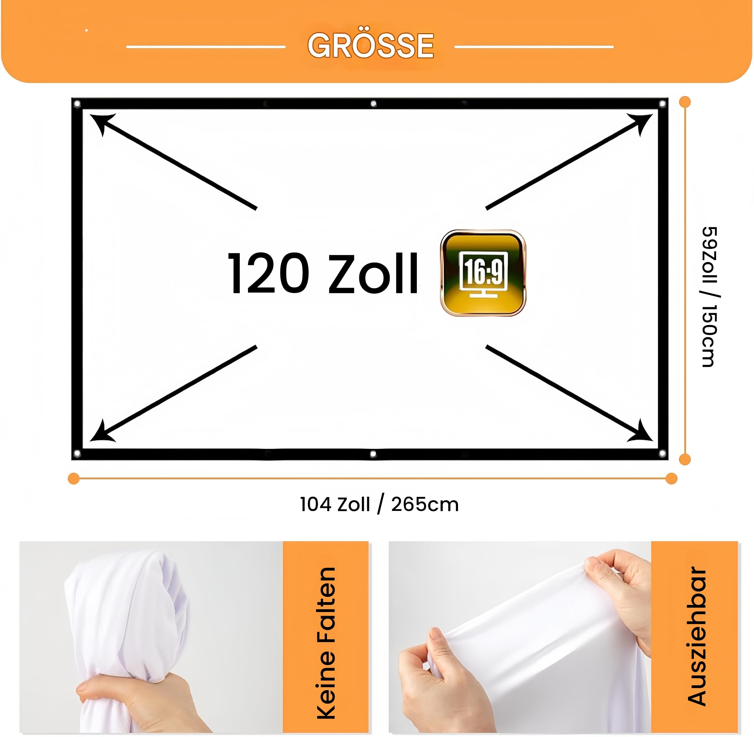Leinwand Beamer 120 Zoll: Ruschen verdickt und tragbare Beamer Leinwand 265 x 149 cm, 16:9 HD faltbar & knitterarme Projektionsleinwand für Heimkino, Garten, Camping, Büro, inkl. Haken & Seile