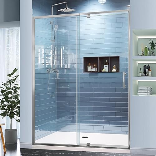 Miniatura 2 de GroGro Puerta de ducha deslizante de 56-60 pulgadas de ancho x 71 pulgadas de alto, puerta de ducha deslizante de vidrio semimarco, con vidrio