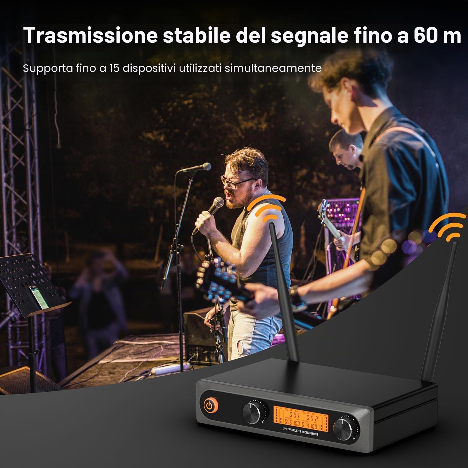 Microfono Wireless Professionale UHF con Ricevitore e 2 Microfoni a Mano in Metallo Dinamici – Sistema Microfoni Wireless per Karaoke, Feste, Matrimoni, Chiesa, Casa, DJ e Riunioni, 60m
