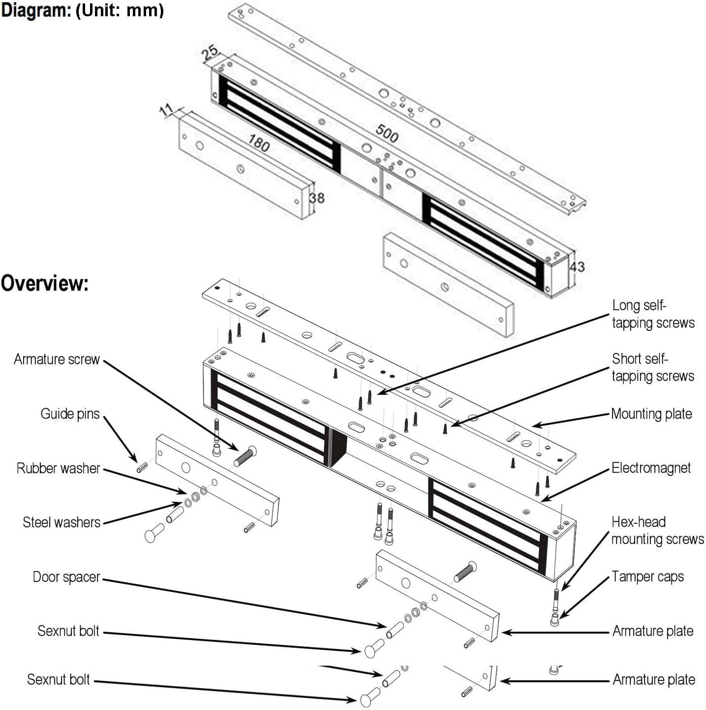 പൊട്ടിത്തെറിച്ചു view diagram of the electromagnetic lock components and mounting hardware.