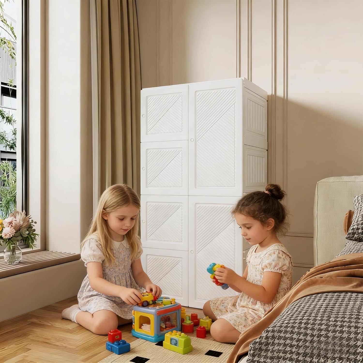 LONELYO Armoire de Rangement,Armoire Pliable, avec Portes,Penderie Portable avec Barre de Suspension, Chambre, Vestiaire, Salle d’étude,Blanc (Armoire Blanche 5×6+1)