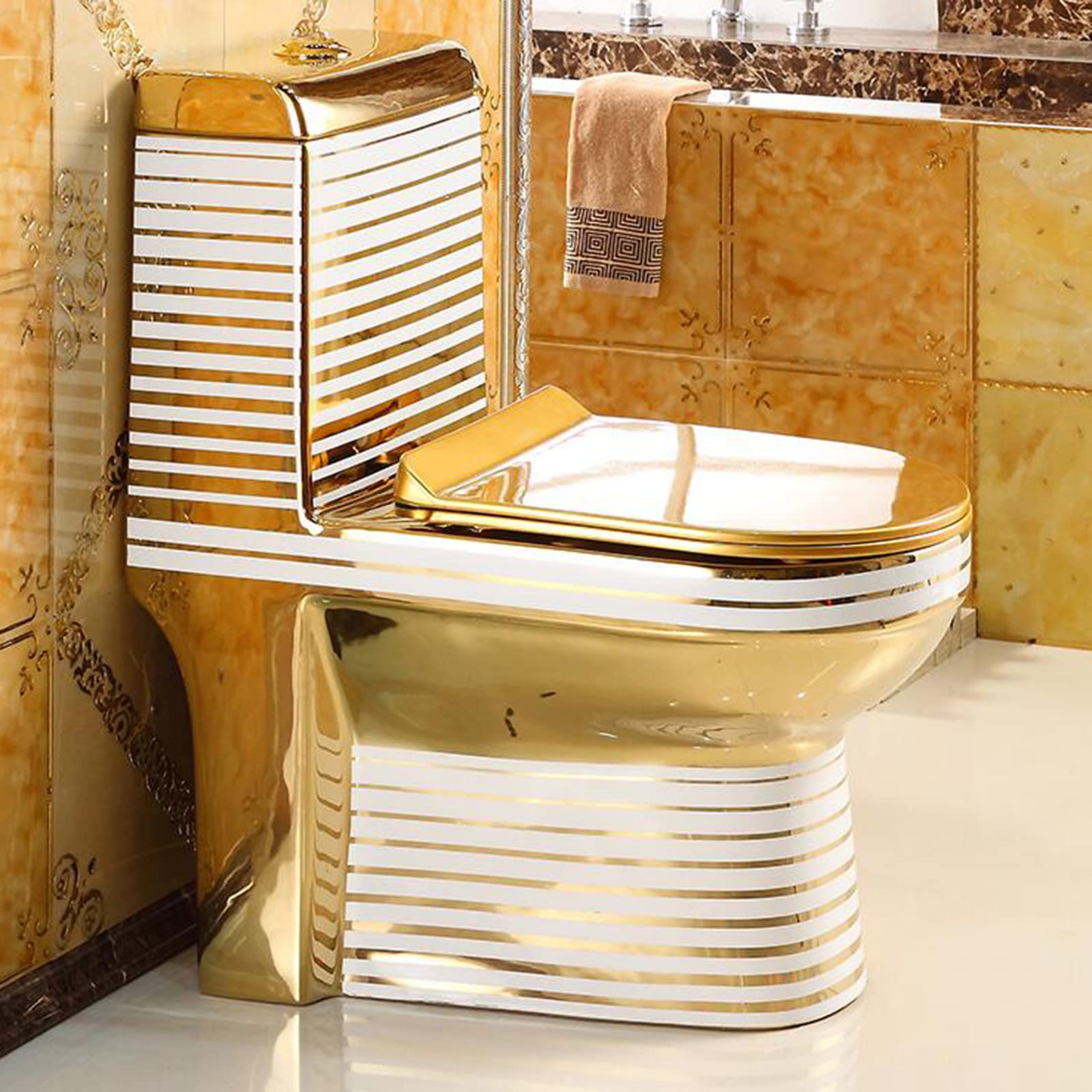 Inodoro dorado de una sola pieza con bombeo de agua silencioso para uso doméstico, lujoso y ligero, estilo europeo, de lujo, sifón de cerámica, apto para 305 mm (dorado 350 mm)