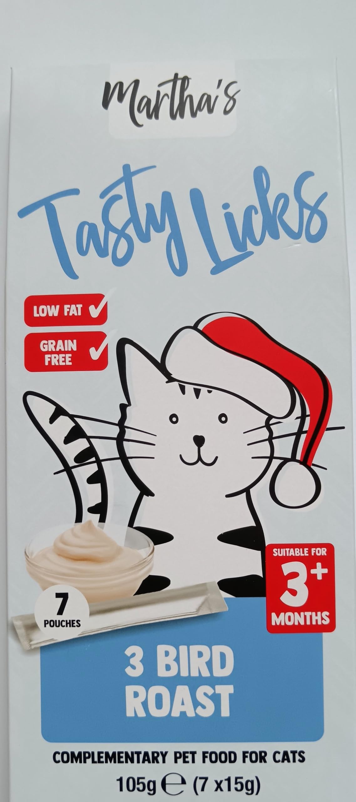 Martha's Cat Tasty Licks Treats Christmas 3 Bird Roast - Low In Fat - No Artificial Preservatives (7 x 15g Pouches)