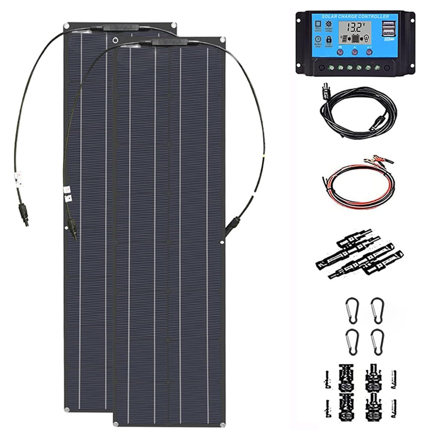BLUEZY Panel Solar Flexible Portátil De 100W, 2 X 50 W, Kit De Sistema De Panel Solar Monocristalino Fuera De La Red, Controlador De Carga De 40 A, Placa Solar para RV, Remolque, Barco, Cabina 40A