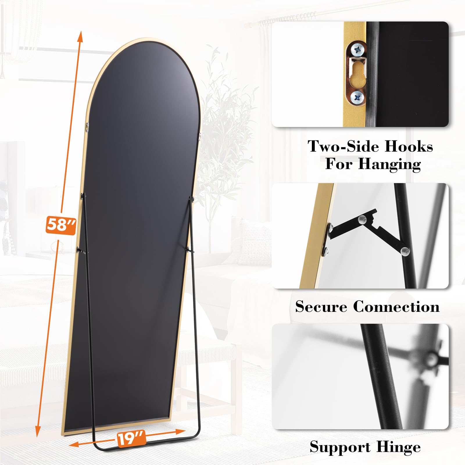 DUMOS Arched Full Length Mirror with Stand Floor Standing Aluminum Frame for Bedroom Body Hanging Leaning Modern Simple Home Decor Shatter-Proorf Nano Glass Wall Living Room Cloakroom Black 59"x16": Gold-rounded 58"L x 19"W