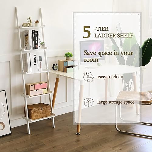 Miniatura 4 de HYNAWIN Ladder Shelf 5-Tier Bookshelf – Storage Rack Shelves Wall Leaning Shelf,White Freestanding Plant Flower Stand, Corner Display Bookcase
