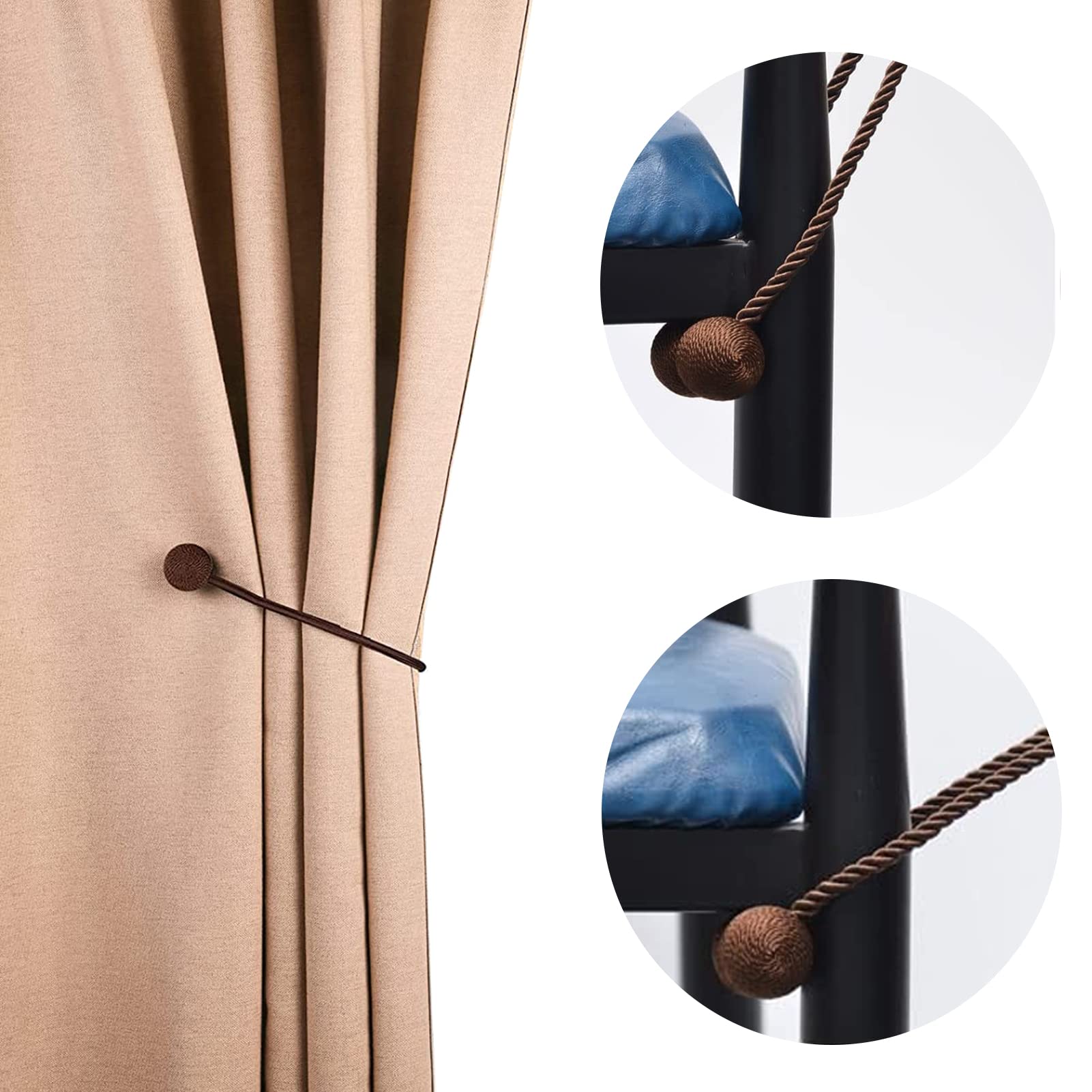 CLAURE 2 Pack Magnetic Curtain Ties, Magnetic Curtain Holder, Curtain Tie Back,Magnetic Curtain tiebacks Hand Braided Cord, Stronger Magnetic for Thin or Thick Decorative Curtains Home Bedroom Office