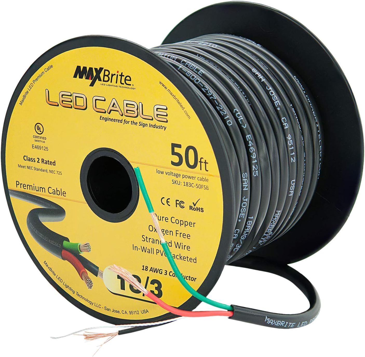 50 ft. 18AWG Low Voltage LED Cable 3 Conductor Black Sleeve in-Wall Speaker Wire UL Class 2 Certified